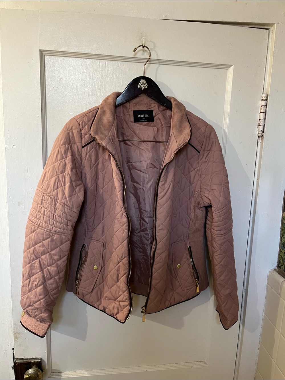 Active USA Pink Diamond Quilted Zip Up Moto Utility Jacket Size Large EUC